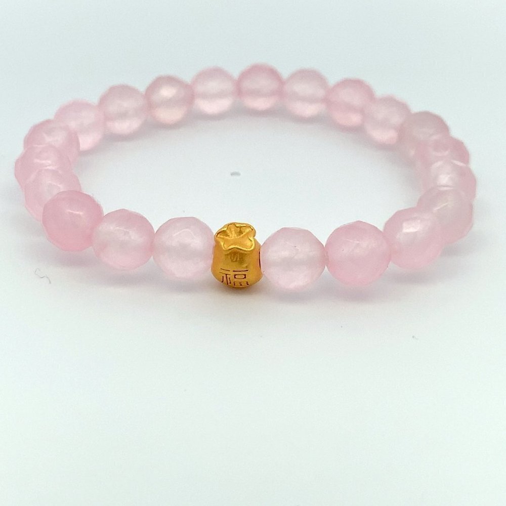 24K Gold Money Bag Lucky Charm Bracelet Gemstones Rose Quartz Faceted